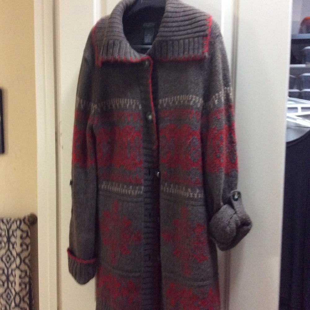 Long cardigan sweater.